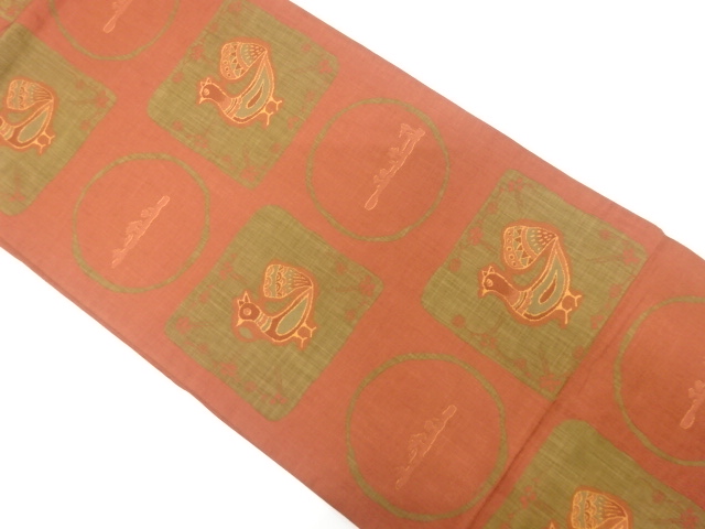 丸紋に抽象孔雀模様織り出し　袋帯